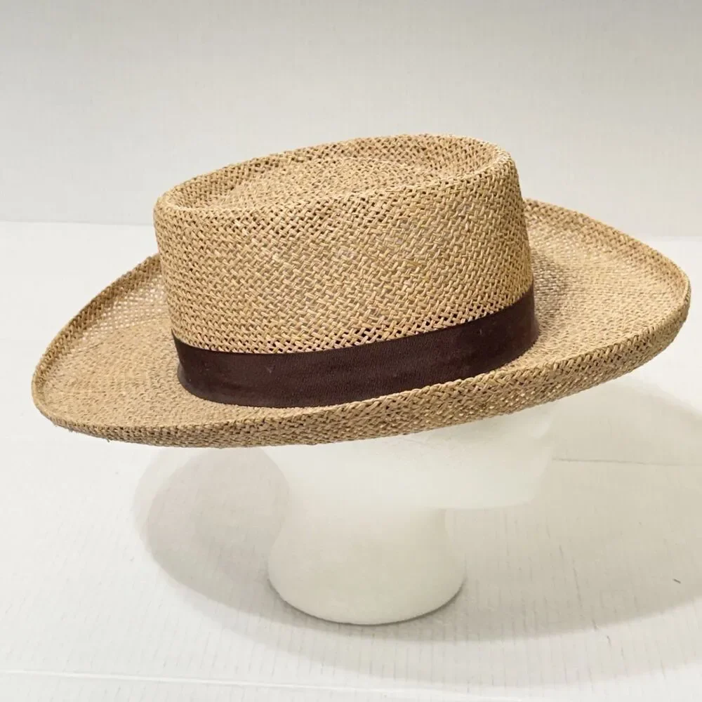 Henschel Hat Co Seagrass Gambler Hat w Fabric Band Sz M Underwelt Brim Made USA